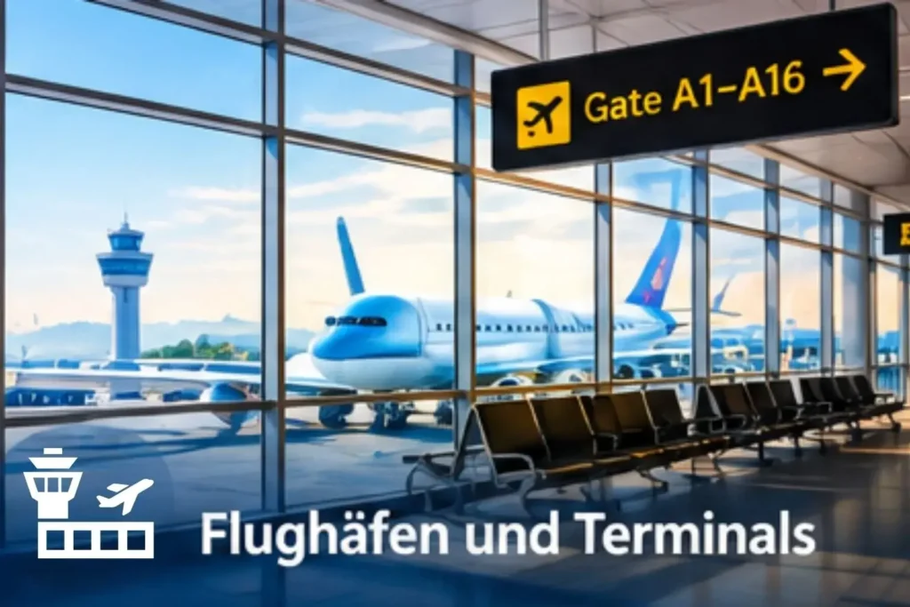 Flughäfen und Terminals mit Abflugbereichen und Flugsteigen